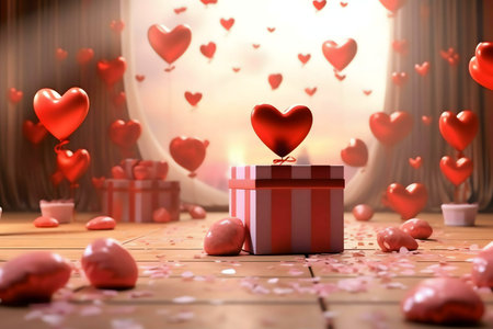 A romantic Valentine's Day scene with floating red heart balloons and a gift box.の写真素材