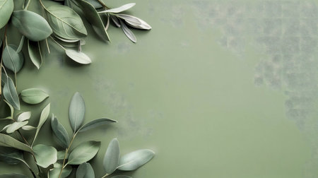 A flatlay showcasing lush green foliage arranged on a sage green background, creating a tranquil, natural scene.の写真素材