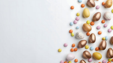 A vibrant display of pastel-colored chocolate eggs and candies perfect for Easter.