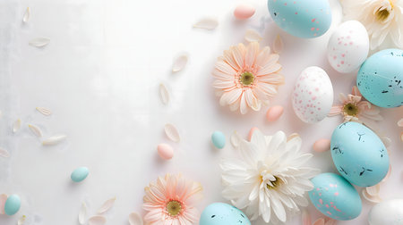 Pretty pastel colored Easter eggs and flowers arranged on a white background.の写真素材