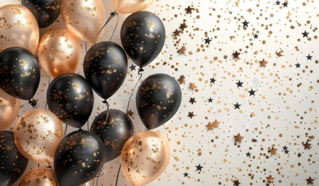 Close-up of black and gold balloons with glitter against a confetti background. Perfect for celebrations.の写真素材