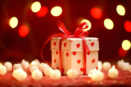 A white gift box with red hearts and a ribbon sits among lit candles against a background of red and gold bokeh.の写真素材