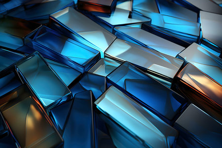 A digital artwork showcasing an abstract composition of blue glass blocks, creating a visually...