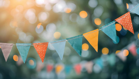 Colorful bunting hangs in a blurry garden setting, creating a festive atmosphere.の写真素材