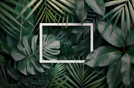 A vibrant image showcasing a white frame amidst lush, tropical foliage. Perfect for design and backgrounds.の写真素材