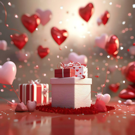 A beautiful image of gifts and heart balloons celebrating Valentine's Day. Perfect for cards and social media.の写真素材