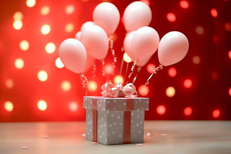 Pink balloons float above a gift box, against a red bokeh background. A romantic and festive scene.