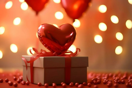 A red heart-shaped balloon sits atop an elegantly wrapped gift, surrounded by warm lighting, symbolizing love and romance.の写真素材