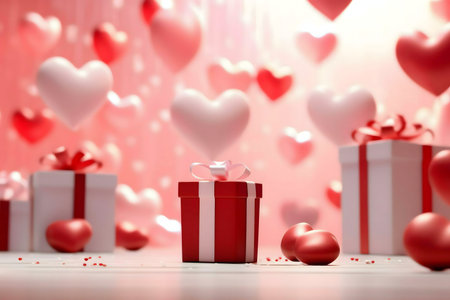 Romantic Valentine's Day scene with floating hearts and wrapped gifts. Perfect for expressing love and affection.の写真素材