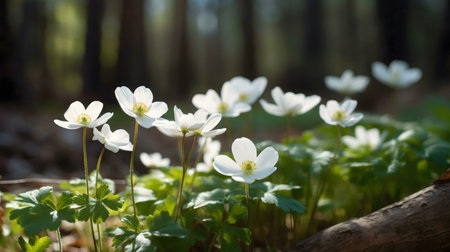 Delicate white wildflowers bask in sunlight amidst a serene forest setting. A tranquil springtime scene.の写真素材
