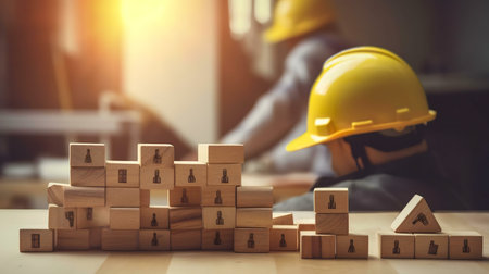 Image of wooden blocks forming a structure, with blurred hard hats in the background, suggesting construction planning and teamwork.の写真素材