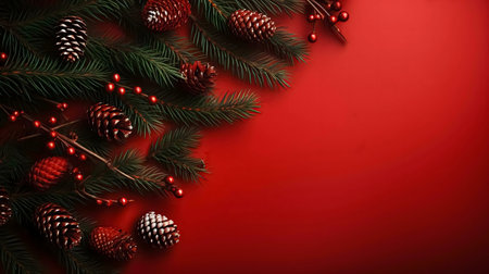 Festive Christmas background with pine branches, pine cones, and red berries on a red surface.の写真素材