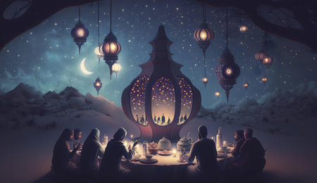 A peaceful Iftar gathering under a starry desert sky.
