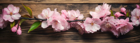 Pink cherry blossoms on rustic wooden background. Springtime floral beauty.の写真素材