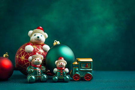 Charming Christmas scene with adorable bear ornaments, shiny green baubles, and a toy train.の写真素材