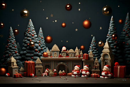 A charming Christmas village scene nestled amongst frosted trees, adorned with festive ornaments and gifts.の写真素材