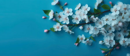 Delicate white cherry blossoms arranged on a teal background. Springtime floral beautyの写真素材