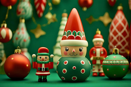 A close-up shot of charming Christmas figurines and ornaments in red and green hues, creating a festive and joyful atmosphere.の写真素材