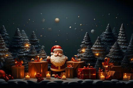 Santa Claus stands amidst glowing Christmas trees and gifts in a magical winter scene.の写真素材