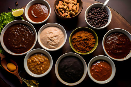 Overhead shot of various sauces and spices, perfect for Mexican cooking, showing rich colors and...
