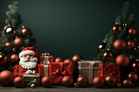 Santa Claus surrounded by gifts and decorated Christmas trees. Festive and joyful holiday scene.の写真素材