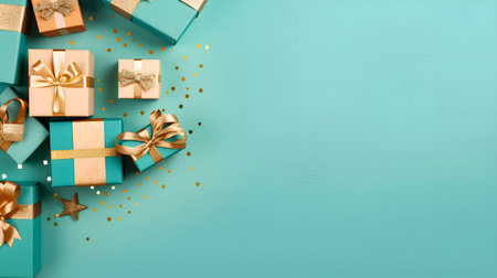A festive arrangement of teal and gold gift boxes on a teal background with gold confetti stars.