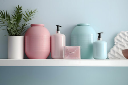 Pastel-colored bathroom shelf with soap dispensers and decorative jars.の写真素材