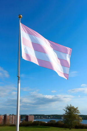 A transgender pride flag billows beautifully in a clear blue sky. The scene is peaceful and upliftingの写真素材