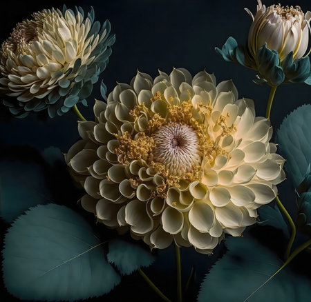 Close-up of three dahlias, showing their intricate details against a dark backdrop. The colors are soft and muted, creating an elegant feel.の写真素材