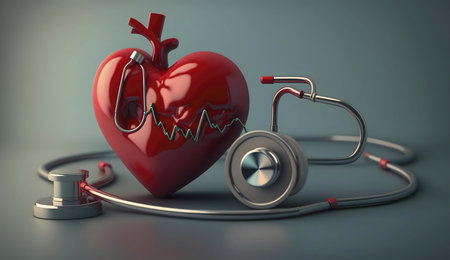 3D rendered image of a human heart and stethoscope, symbolizing heart health and medical care.の写真素材