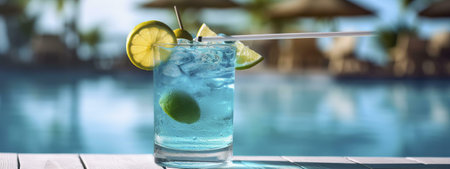 A vibrant blue cocktail garnished with lime and lemon, sits by a shimmering pool. Perfect summer...