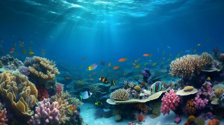 Stunning underwater coral reef teeming with diverse fish and vibrant colors.