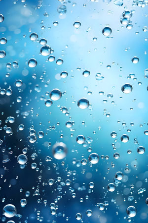 A mesmerizing image of countless water droplets floating in a deep blue backdrop. Each droplet...