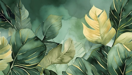 Watercolor painting of tropical leaves in green and gold hues. Serene and lush botanical art.の写真素材