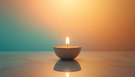 A single candle burns brightly, casting a warm glow. It symbolizes peace and tranquility.の写真素材