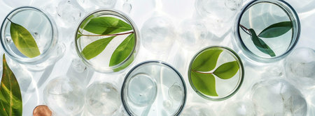 Green leaves in glass petri dishes, scientific researchの写真素材