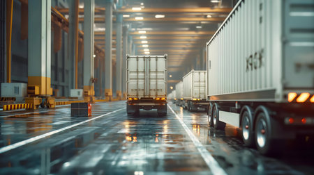 Container trucks at night inside a wet warehouse