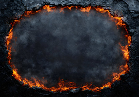 A surreal image of a volcanic rift filled with fire. Perfect as a dramatic backdrop.の写真素材