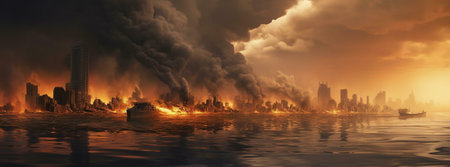 A burning city consumed by flames at sunset, a post apocalyptic scene of destruction and chaos.