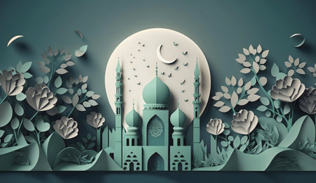 Papercut illustration of a mosque at night, surrounded by flowers under the moon.の写真素材