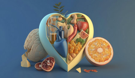 3D rendered image showing a heart filled with various healthy foods. Promotes healthy eating.の写真素材