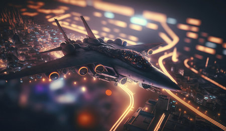 A futuristic fighter jet flies over a dazzling, illuminated city at night.