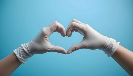 Two hands in white gloves form a heart shape against a light blue backdrop. A symbol of care and support.の写真素材