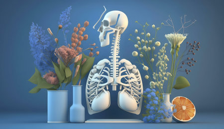 Surreal image blending human anatomy with flowersの写真素材