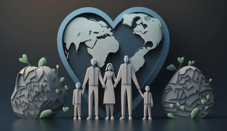 A 3D illustration of a family holding hands, wearing masks, standing before a heart-shaped Earth. Symbolizing global unity and hope during a pandemic.の写真素材