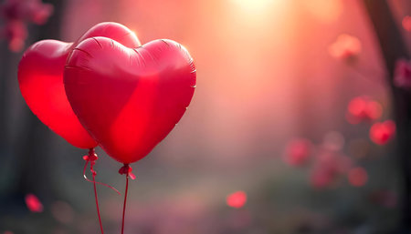 Two red heart-shaped balloons at sunset, symbolizing love and romance.の写真素材