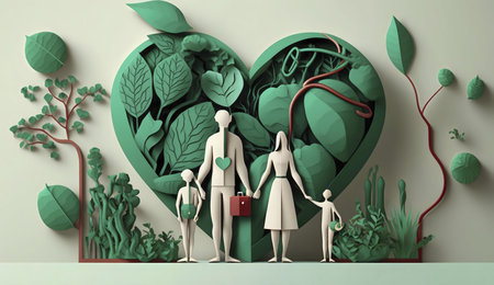 Papercut artwork depicting a family standing before a heart-shaped nature scene, symbolizing love and connection with the environment.の写真素材