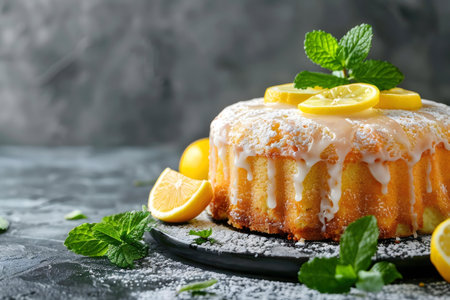 A close-up shot of a mouthwatering lemon bundt cake, adorned with a luscious glaze and fresh mint.の写真素材