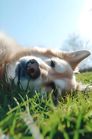 A fluffy dog resting peacefully in a sunny green meadow.の写真素材
