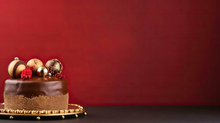 A decadent chocolate cake adorned with festive ornaments sits on a gold stand against a rich red background.の写真素材